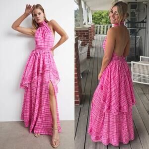Aje Bungalow Sienna Gingham Halter Neck Maxi Dress Gown Pink AU Size 6 US Size 2